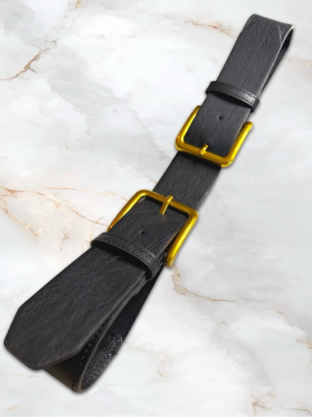 Black Waist Belt for Dressed with Gold Double Buckles in Faux Leather & Elastic